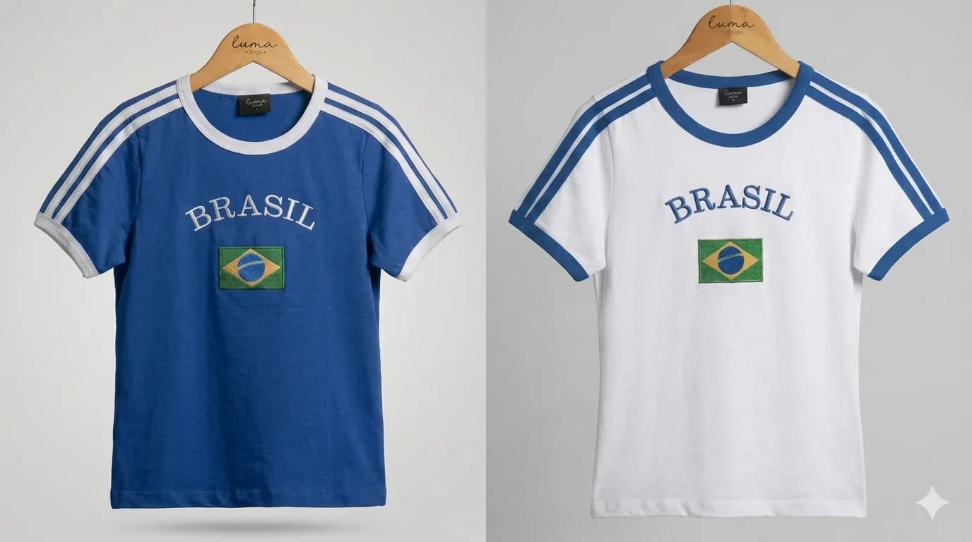 Blusa Básica Feminina Bordado Brasil Retrô Copa Do Mundo Br Azul Estampado Bordado 36-42 - 1