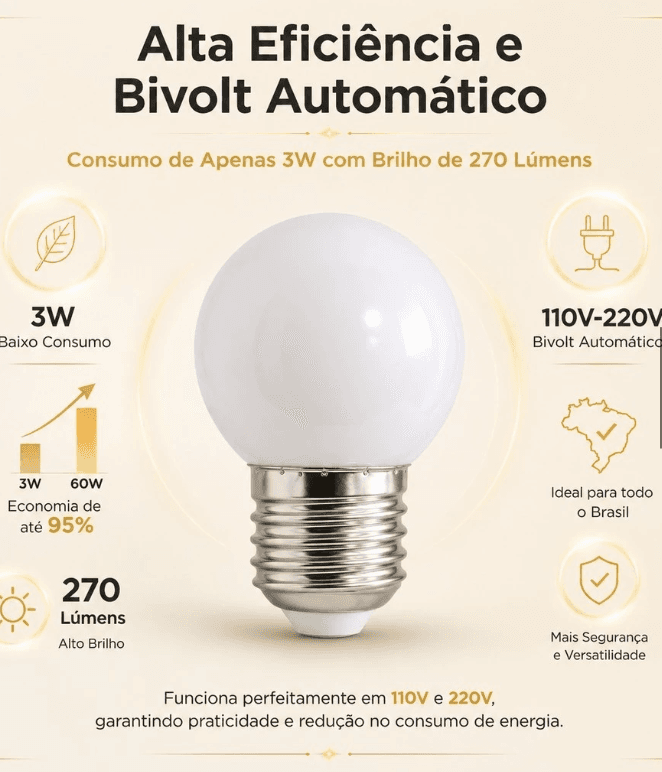 Kit 10 Lâmpada Bolinha Bivolt Bulbo Led Amarelo Quente 3w Bivolt E27 - 2