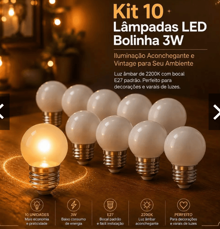 Kit 10 Lâmpada Bolinha Bivolt Bulbo Led Amarelo Quente 3w Bivolt E27 - 4
