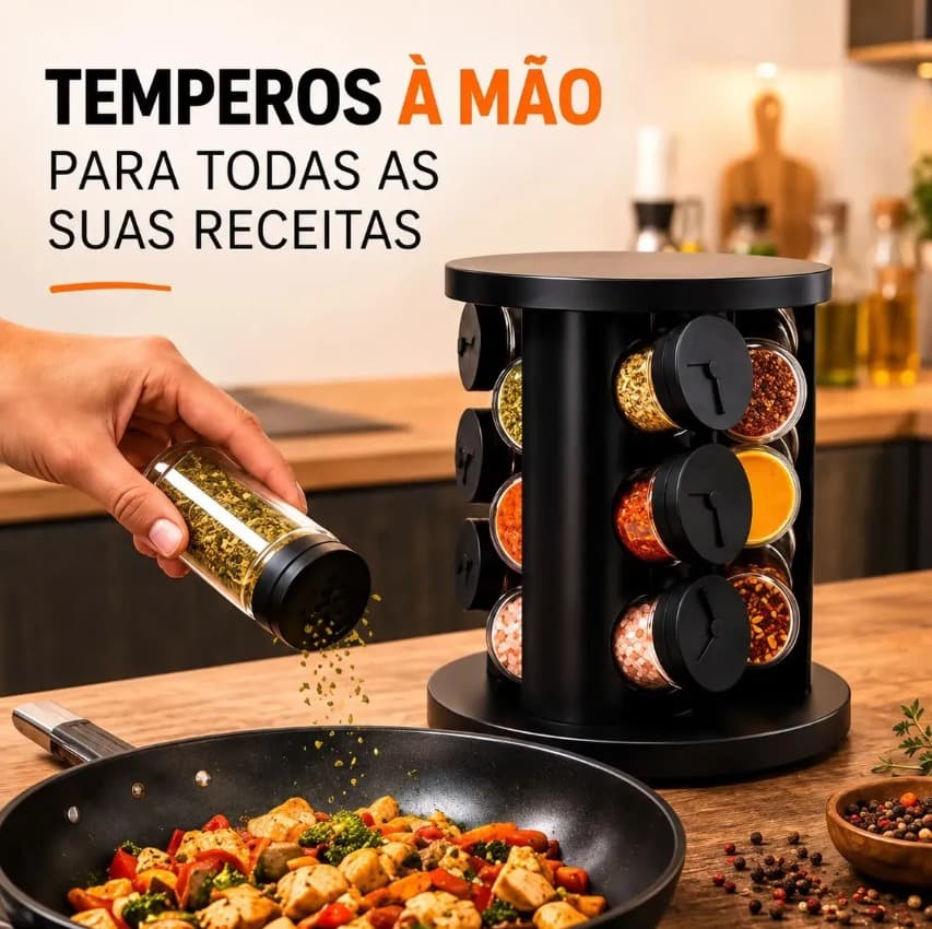 Porta Temperos Condimentos 9 Unidades Potes Vidro Base Giratória Preto - 1