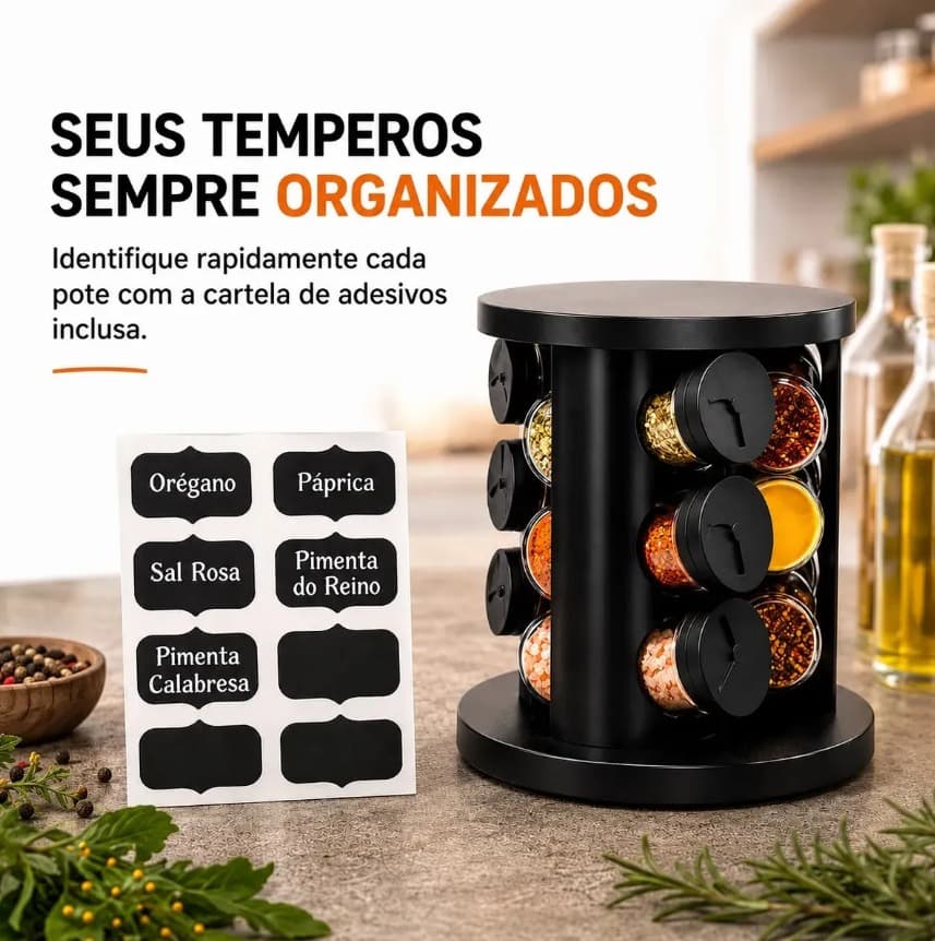 Porta Temperos Condimentos 9 Unidades Potes Vidro Base Giratória Preto - 4