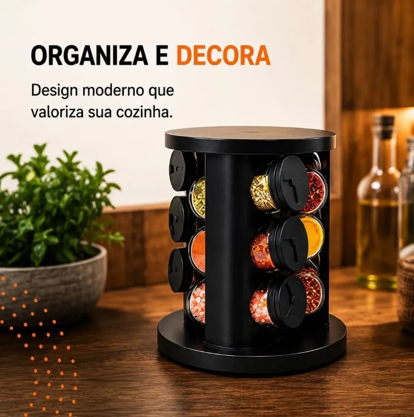 Porta Temperos Condimentos 9 Unidades Potes Vidro Base Giratória Preto - 5