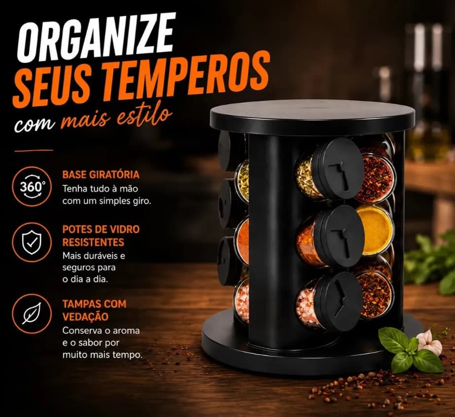 Porta Temperos Condimentos 9 Unidades Potes Vidro Base Giratória Preto - 6