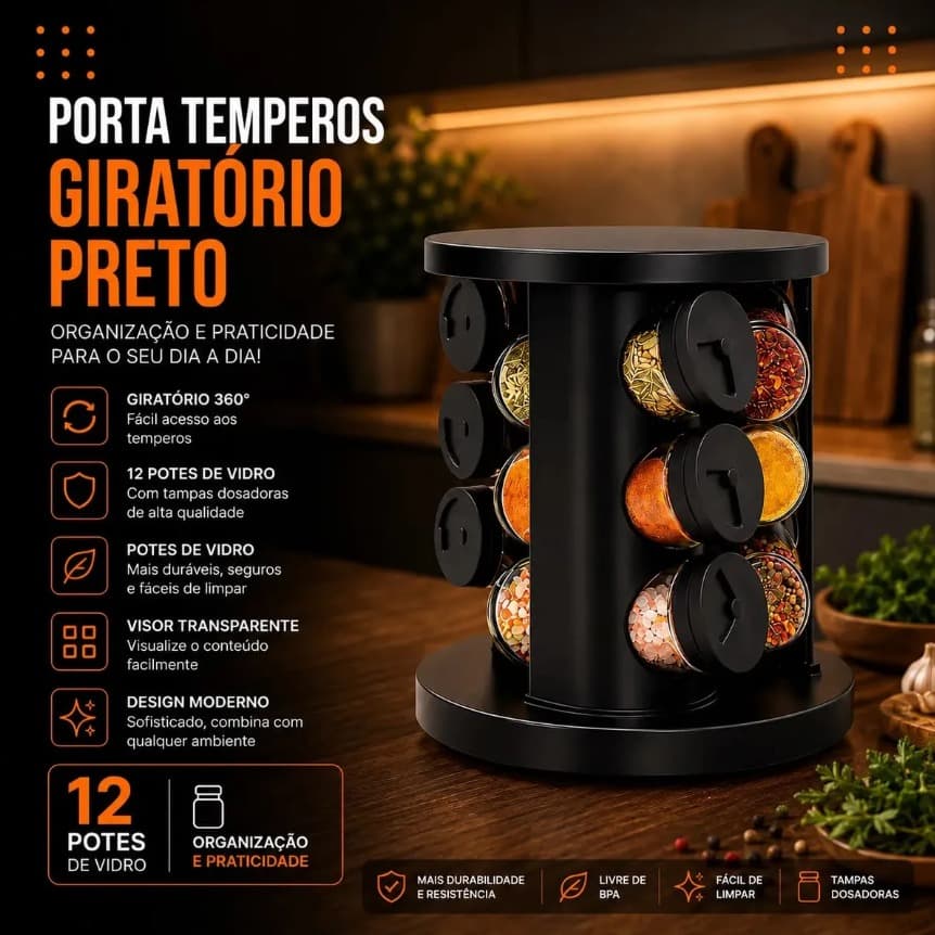 Porta Temperos Condimentos 9 Unidades Potes Vidro Base Giratória Preto - 8