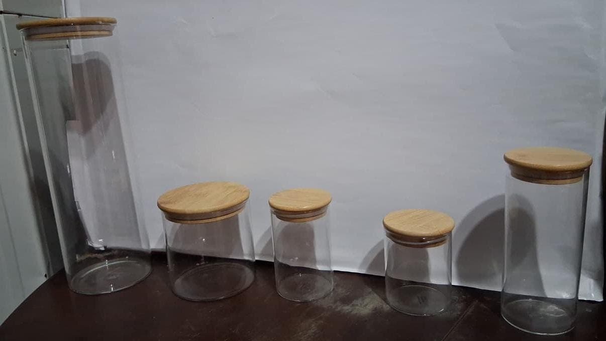 Conjunto 5 Potes Organizador Hermético Vidro Bambu Silicone - 1