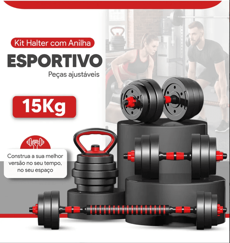 Kit Halteres Barra E Anilhas Musculação Kettlebell Ajustáveis Peso Academia 15kg - 1