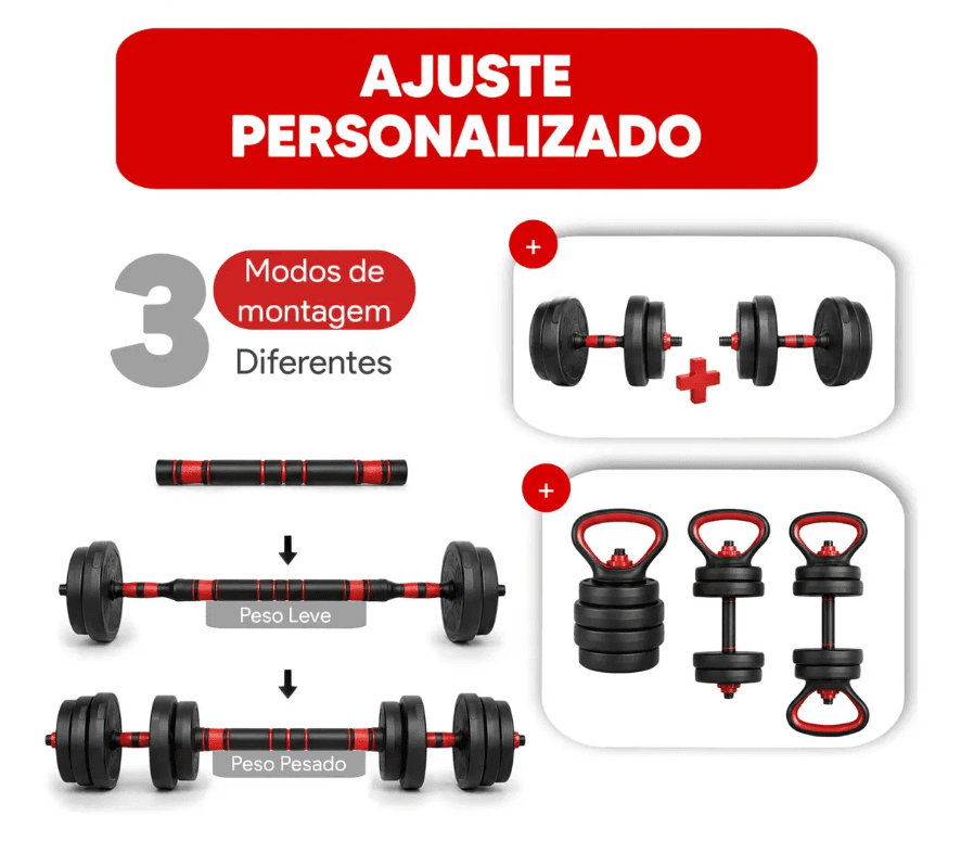 Kit Halteres Barra E Anilhas Musculação Kettlebell Ajustáveis Peso Academia 15kg - 2