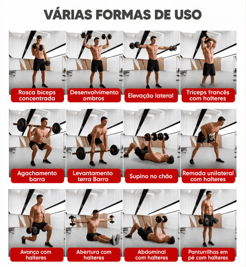 Kit Halteres Barra E Anilhas Musculação Kettlebell Ajustáveis Peso Academia 15kg - 3