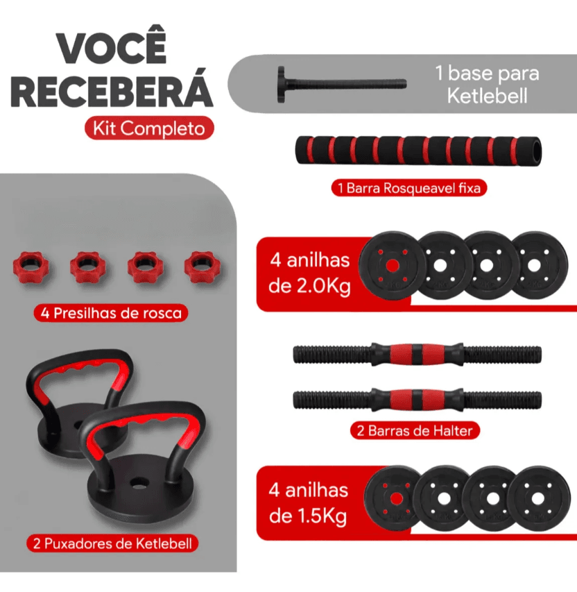 Kit Halteres Barra E Anilhas Musculação Kettlebell Ajustáveis Peso Academia 15kg - 5