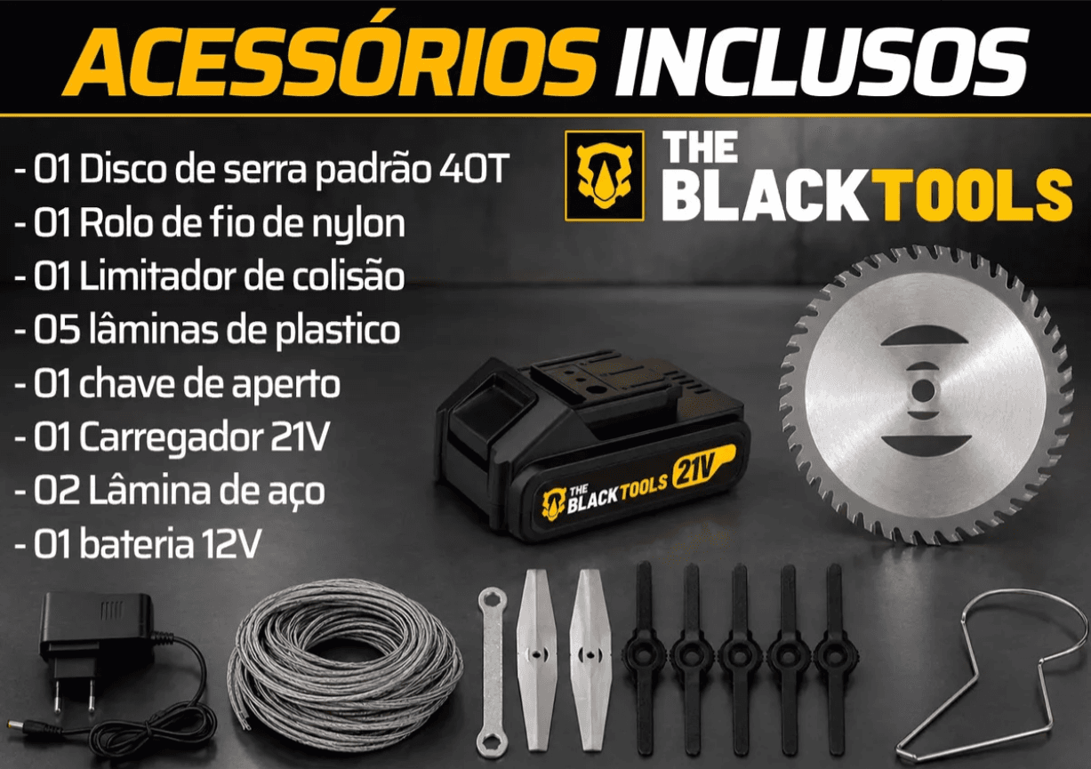 Roçadeira Aparador Grama A Bateria Recarregável 21v 750w Profissional Com Acessórios Tcg21c The Black Tools - 6