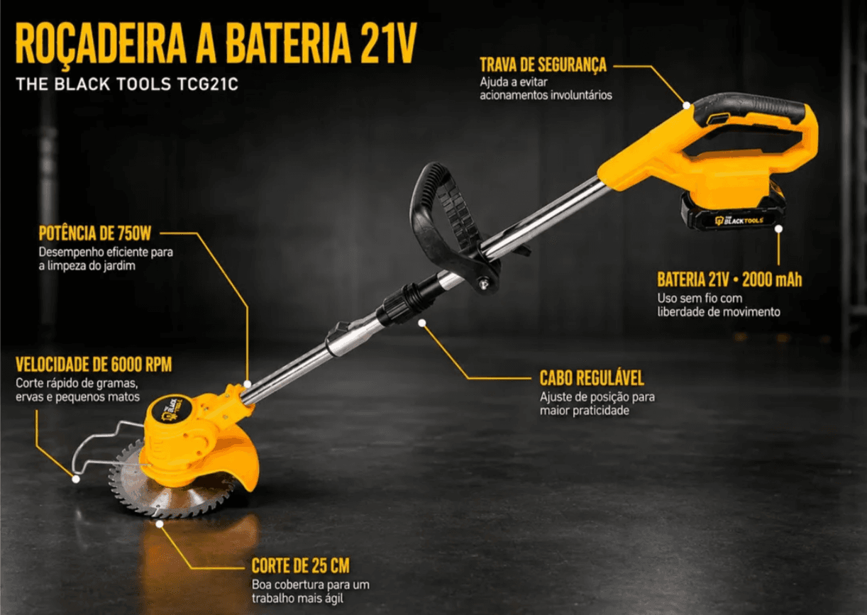 Roçadeira Aparador Grama A Bateria Recarregável 21v 750w Profissional Com Acessórios Tcg21c The Black Tools - 8