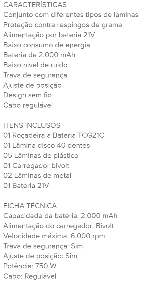 Roçadeira Aparador Grama A Bateria Recarregável 21v 750w Profissional Com Acessórios Tcg21c The Black Tools - 9