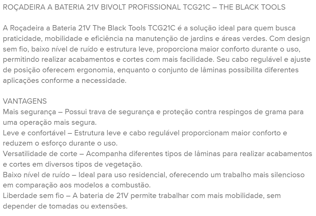 Roçadeira Aparador Grama A Bateria Recarregável 21v 750w Profissional Com Acessórios Tcg21c The Black Tools - 10