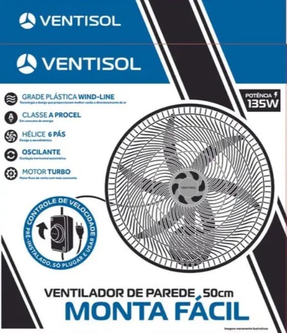 Ventilador Parede 50cm 6Pás Monta Fácil Preto Ventisol - 127V - 5
