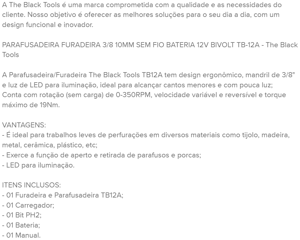 Parafusadeira e Furadeira a Bateria The Black Tools TB12A 12V 3/8" (10mm) com Bateria de Lítio LED e Velocidade Variável - 5