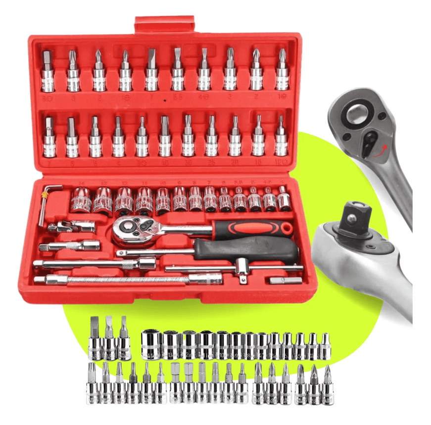 Kit Chaves Jogo Catraca Reversível Soquetes 46 Peças+maleta Vermelho - 1