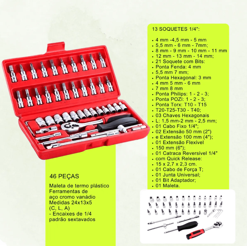 Kit Chaves Jogo Catraca Reversível Soquetes 46 Peças+maleta Vermelho - 5