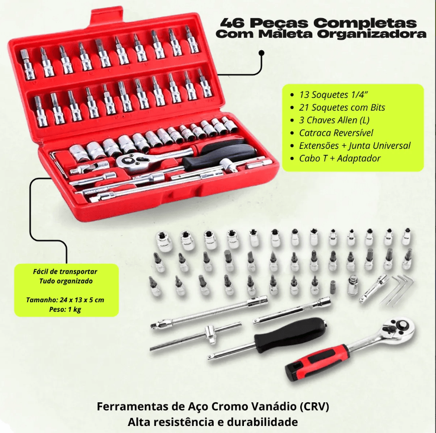 Kit Chaves Jogo Catraca Reversível Soquetes 46 Peças+maleta Vermelho - 6