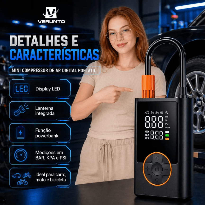 Compressor Portátil Car Air Pump Digital Com Visor Para Carro Moto Bike Calibrador De Pneu Multifuncional - 1