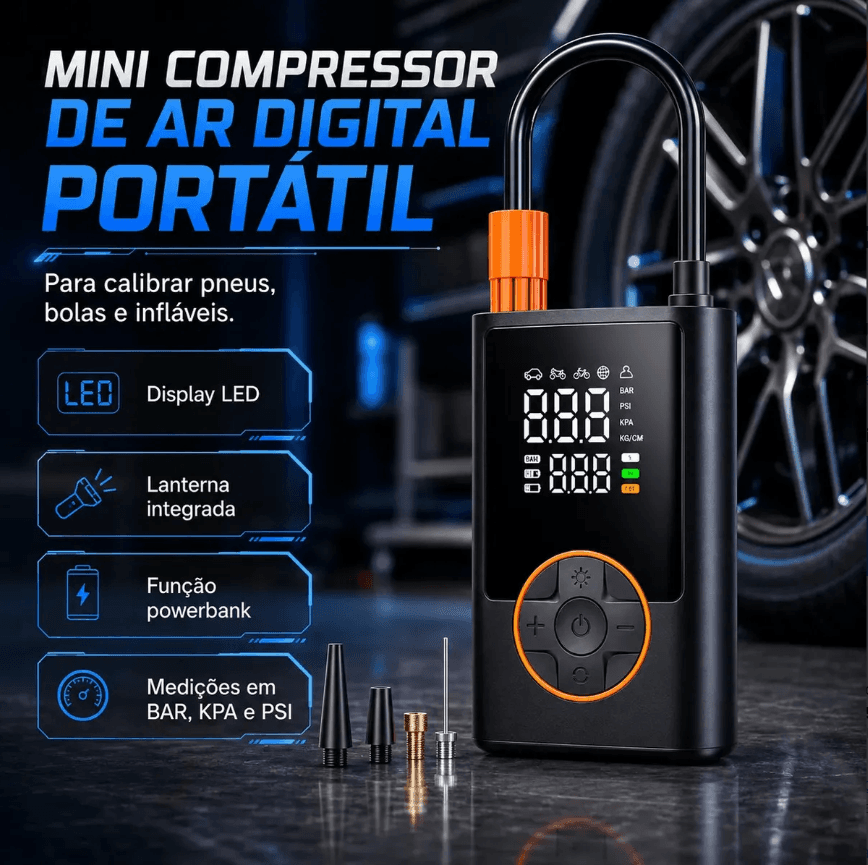 Compressor Portátil Car Air Pump Digital Com Visor Para Carro Moto Bike Calibrador De Pneu Multifuncional - 3