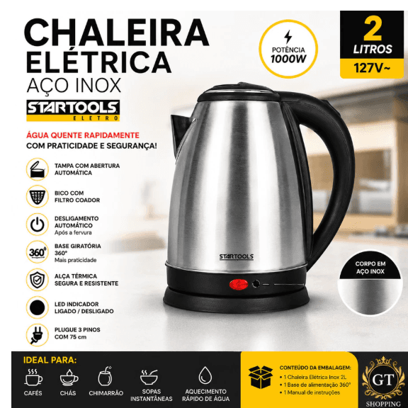 Chaleira Elétrica 2L Startools - Aquecimento Rápido, Base Giratória e Segurança Automática - 2