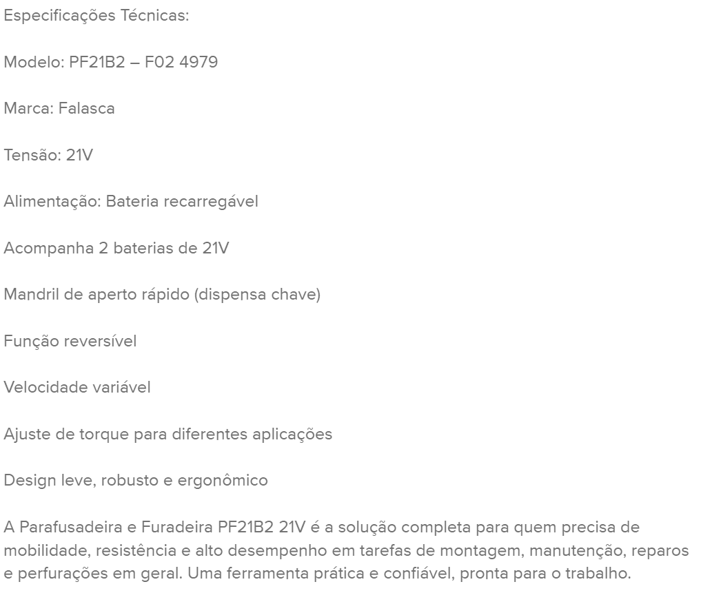 Parafusadeira e Furadeira a Bateria PF21B2 21V com 2 Baterias - 5