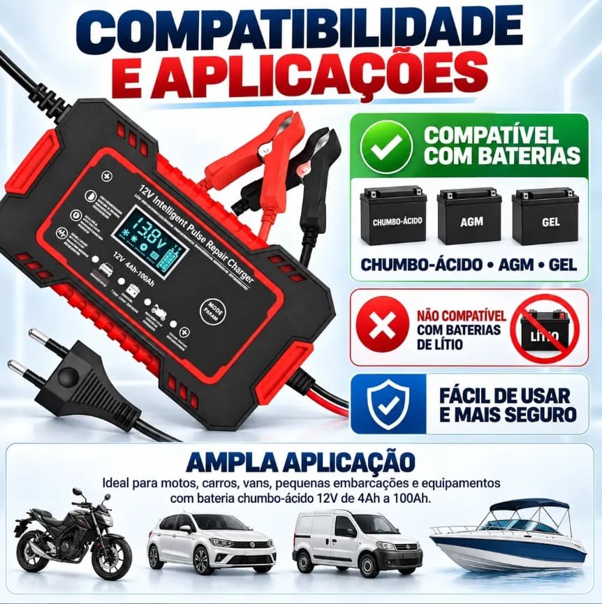 Carregador Bateria 12v Até 100 Amperes Carro Moto Caminhão - 7