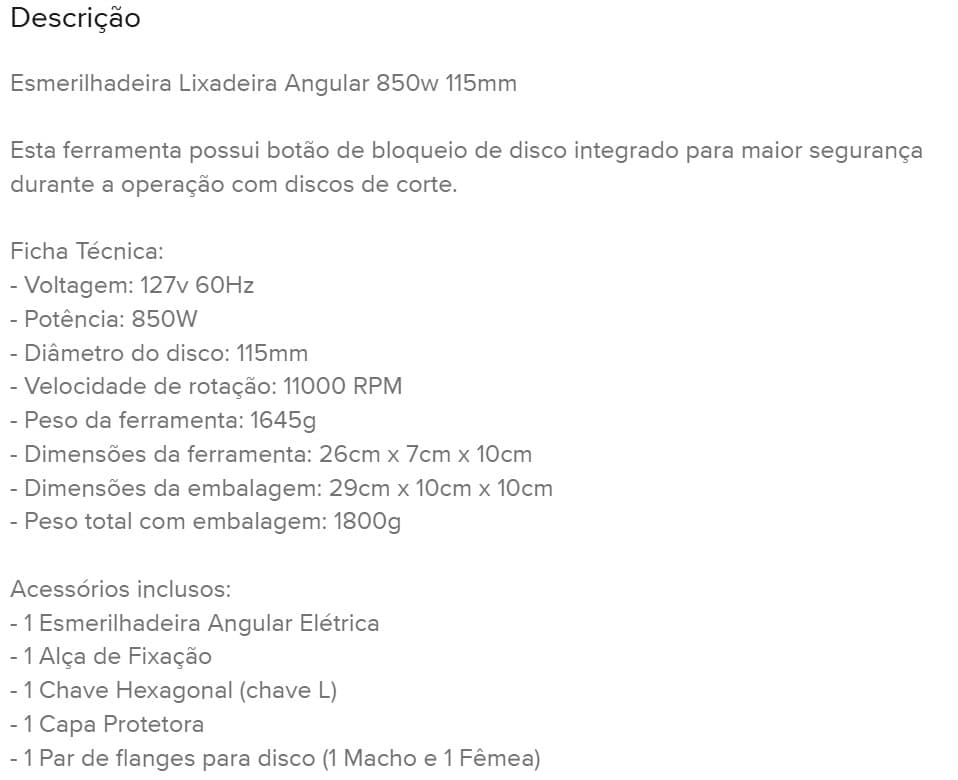Esmerilhadeira Lixadeira Angular 850w 115 -127V - 9