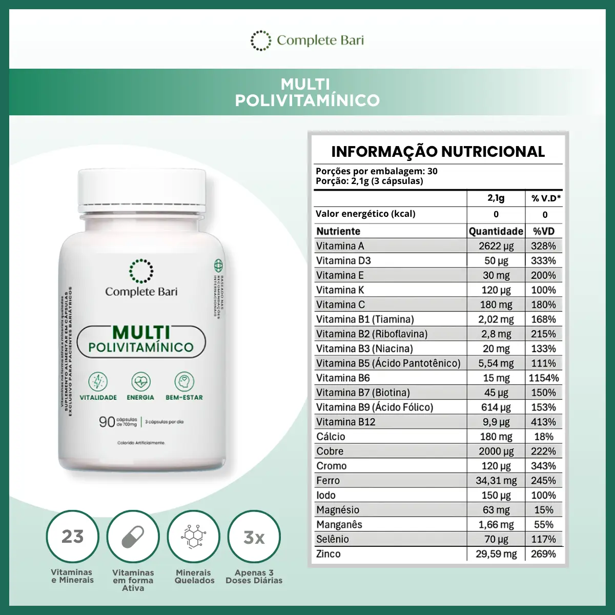 Polivitamínico Com 23 Nutrientes 90Caps De Máxima Absorção/Sem Sabor | Complete Bari* - 2