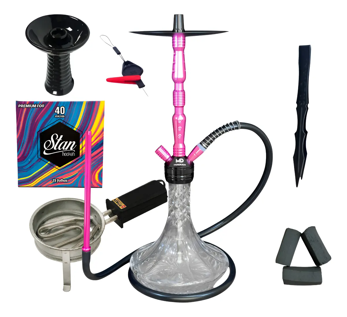 Kit Narguile Completo Md Bali Com Rosh Mangueira Vaso + 1KG Carvão Chacal BRINDE - 2