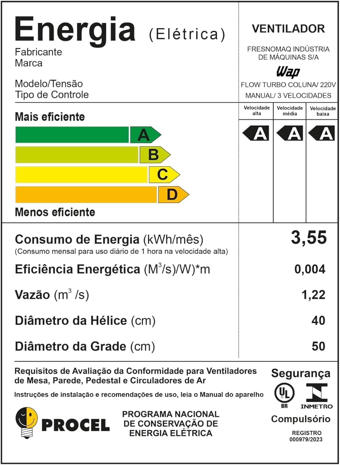 WAP Ventilador 50cm de Coluna, FLOW TURBO Econômico, 8 Pás e 3 Velocidades, 180W 127V - 3