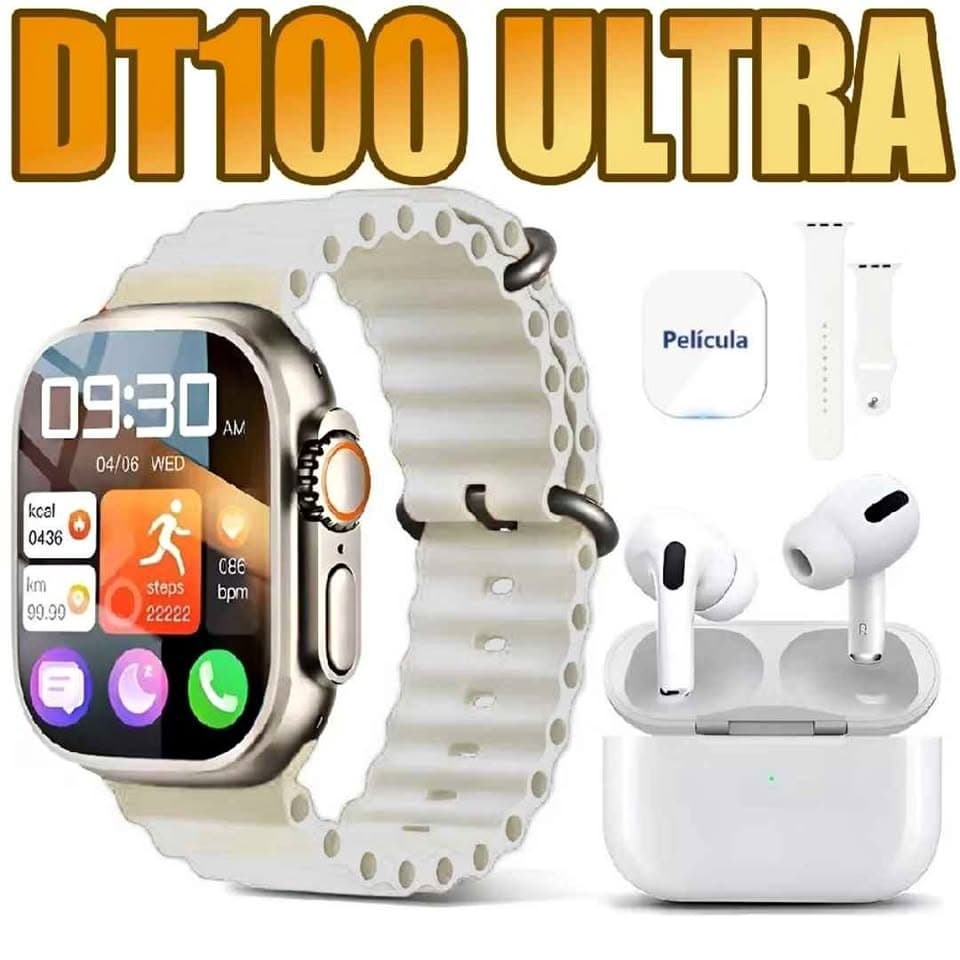 Smartwatch DT100 Ultra3 2em1 Fone Bluetooth Relógio Inteligente IWO16 2 Pulseiras e Película Branco. - 1