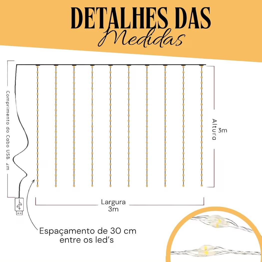 Cortina de LED 3x3m Pisca Pisca Fio de Fada Decoração de Natal Ano Novo Casamento Festas Eventos - 2