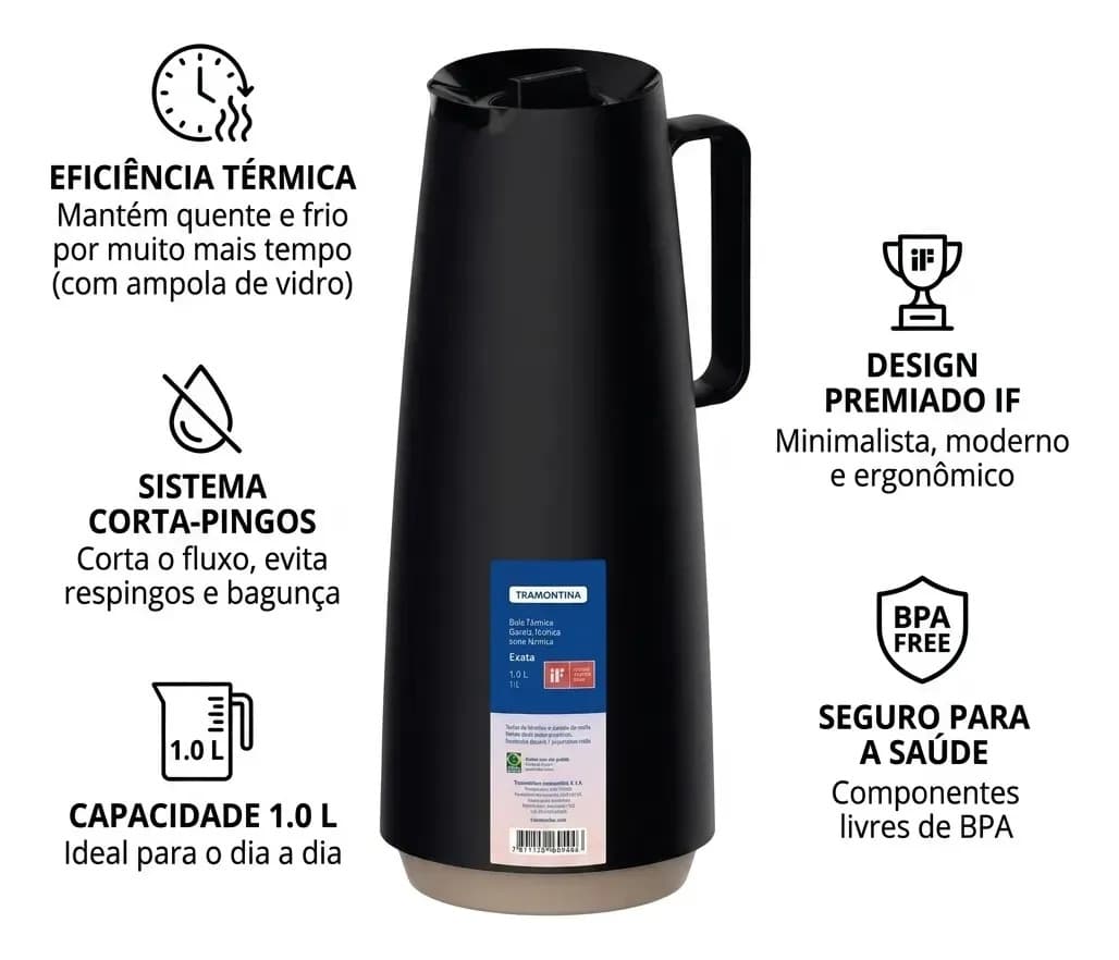 Garrafa Térmica 1 Litro Café Chá Leite Tramontina Cor Preta Preta - 2