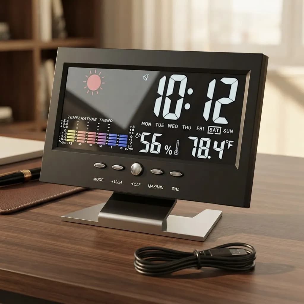 Relógio Digital Led Alarme Luz Mostrador Meteorológico Preto Usb, E Pilha Aaa - 1