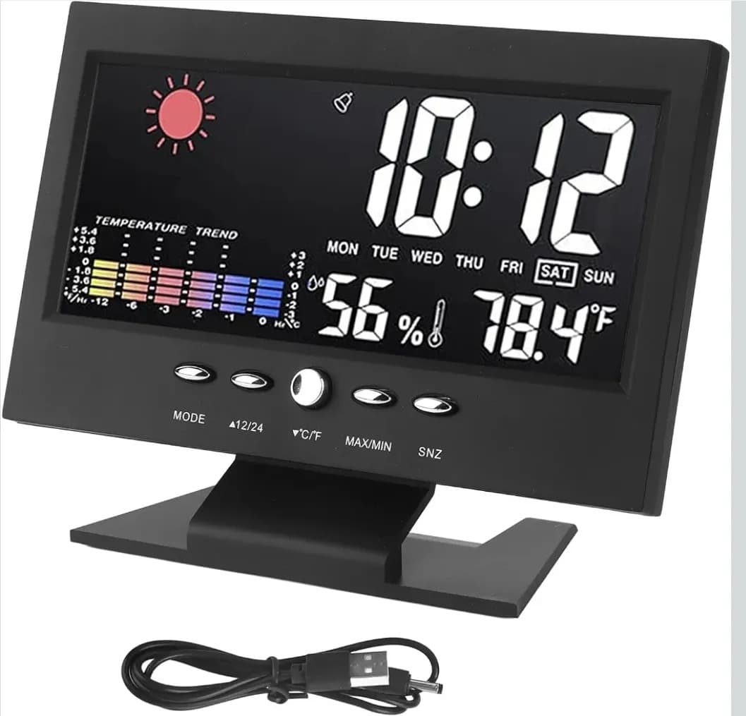 Relógio Digital Led Alarme Luz Mostrador Meteorológico Preto Usb, E Pilha Aaa - 2