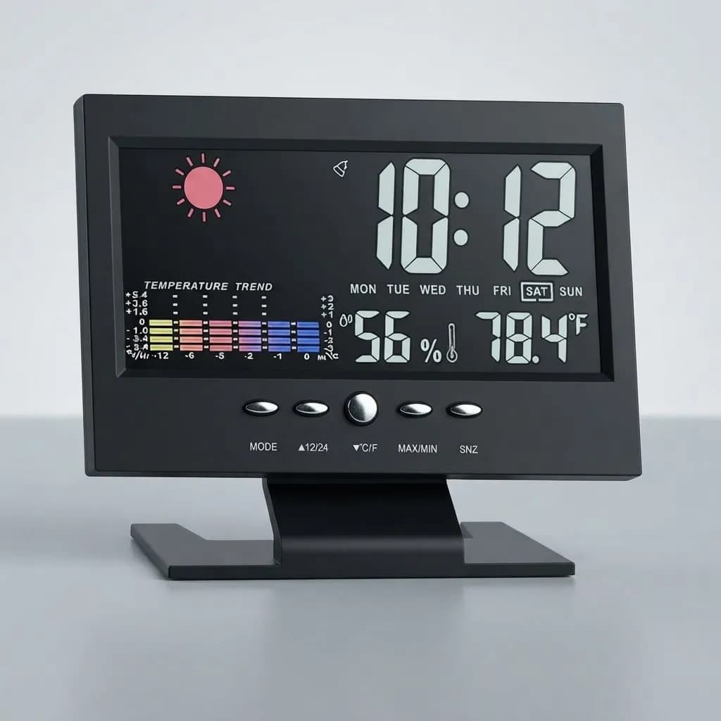 Relógio Digital Led Alarme Luz Mostrador Meteorológico Preto Usb, E Pilha Aaa - 6