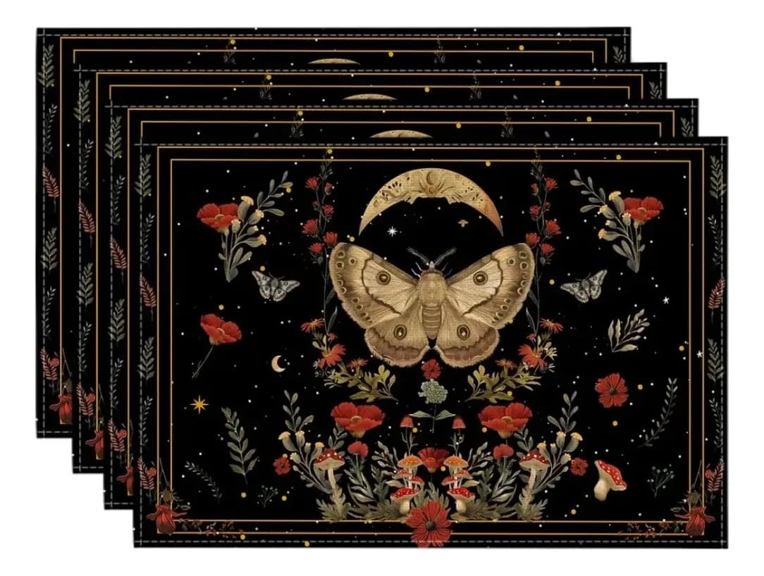Jogo Americano Floral Preto Com Borboleta 45x30 Cm Preto Flor/cogumelo/ Borboleta - 1
