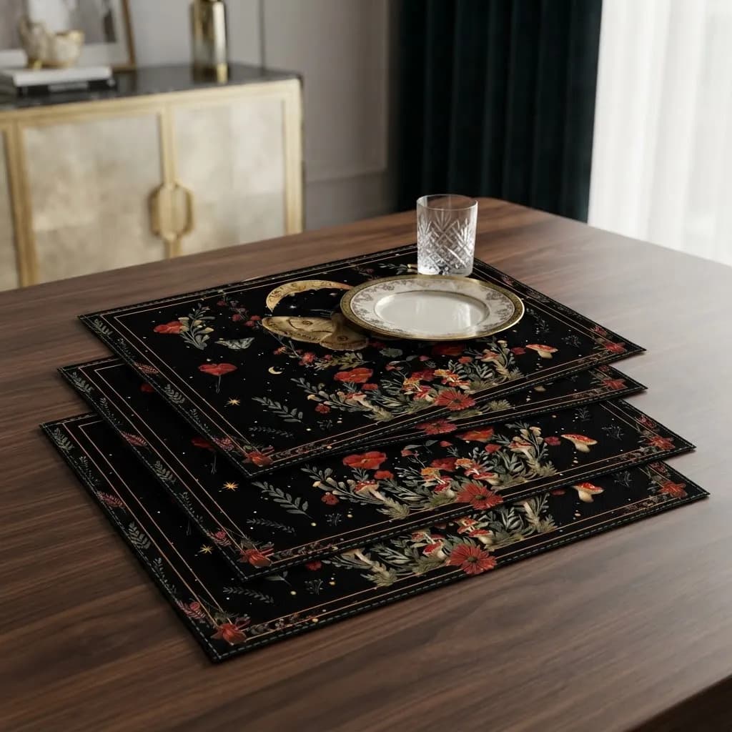 Jogo Americano Floral Preto Com Borboleta 45x30 Cm Preto Flor/cogumelo/ Borboleta - 3