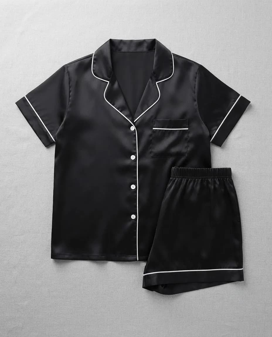 Pijama Americano Curto Feminino Cetim Seda Gg Preto Liso Gg - 1
