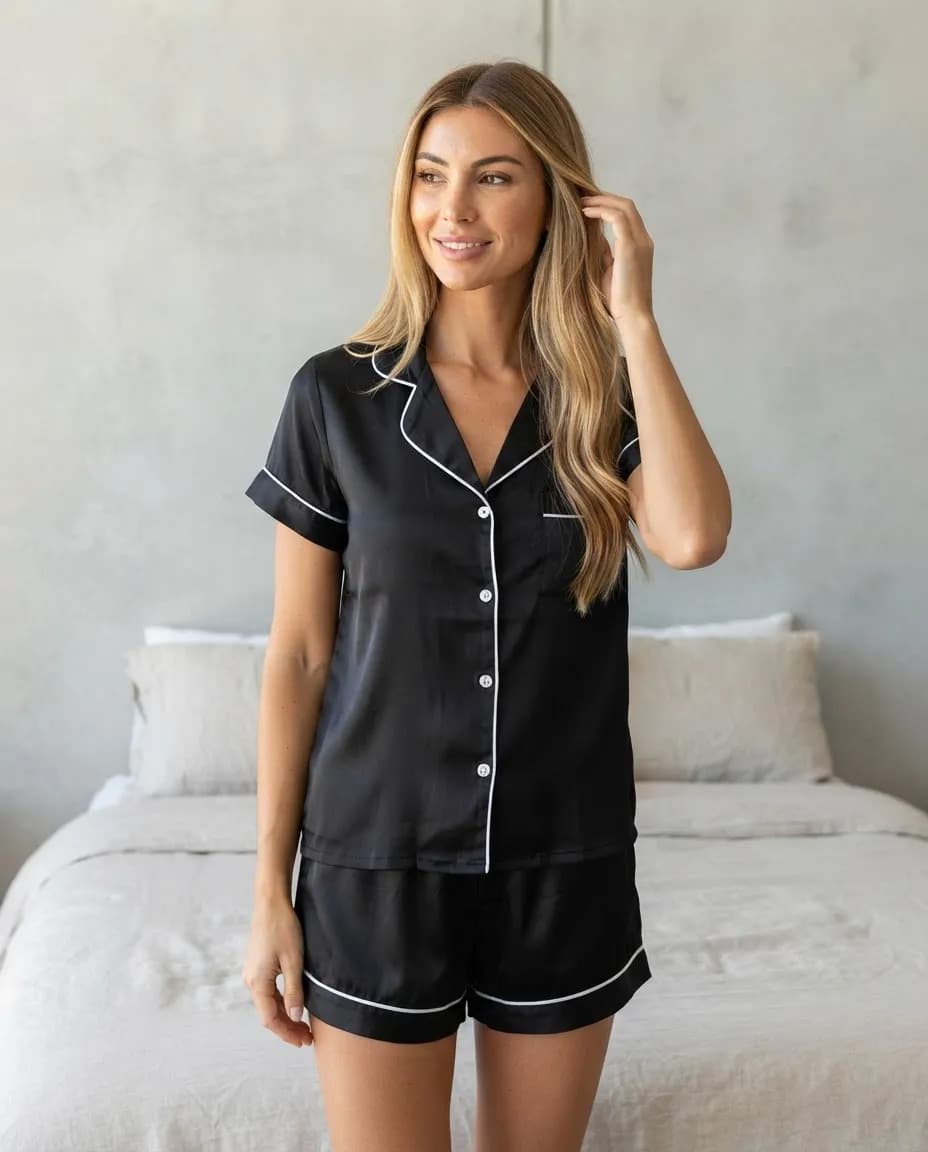Pijama Americano Curto Feminino Cetim Seda Gg Preto Liso Gg - 2