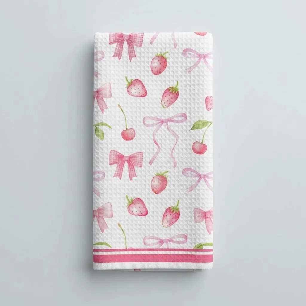 Pano De Cozinha Poliéste Importado - Várias Estampas Rosa Morangos E Laços - 1