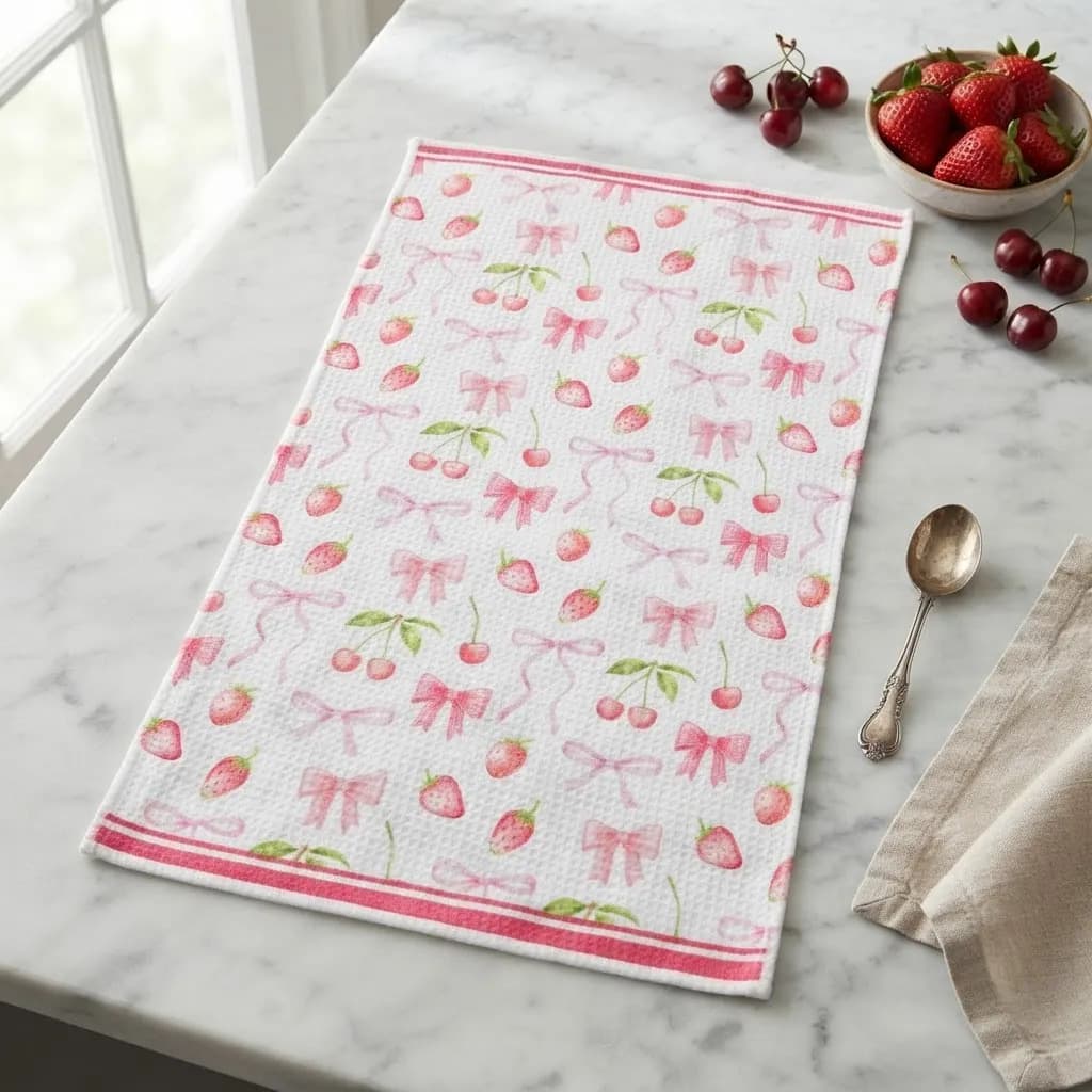 Pano De Cozinha Poliéste Importado - Várias Estampas Rosa Morangos E Laços - 2