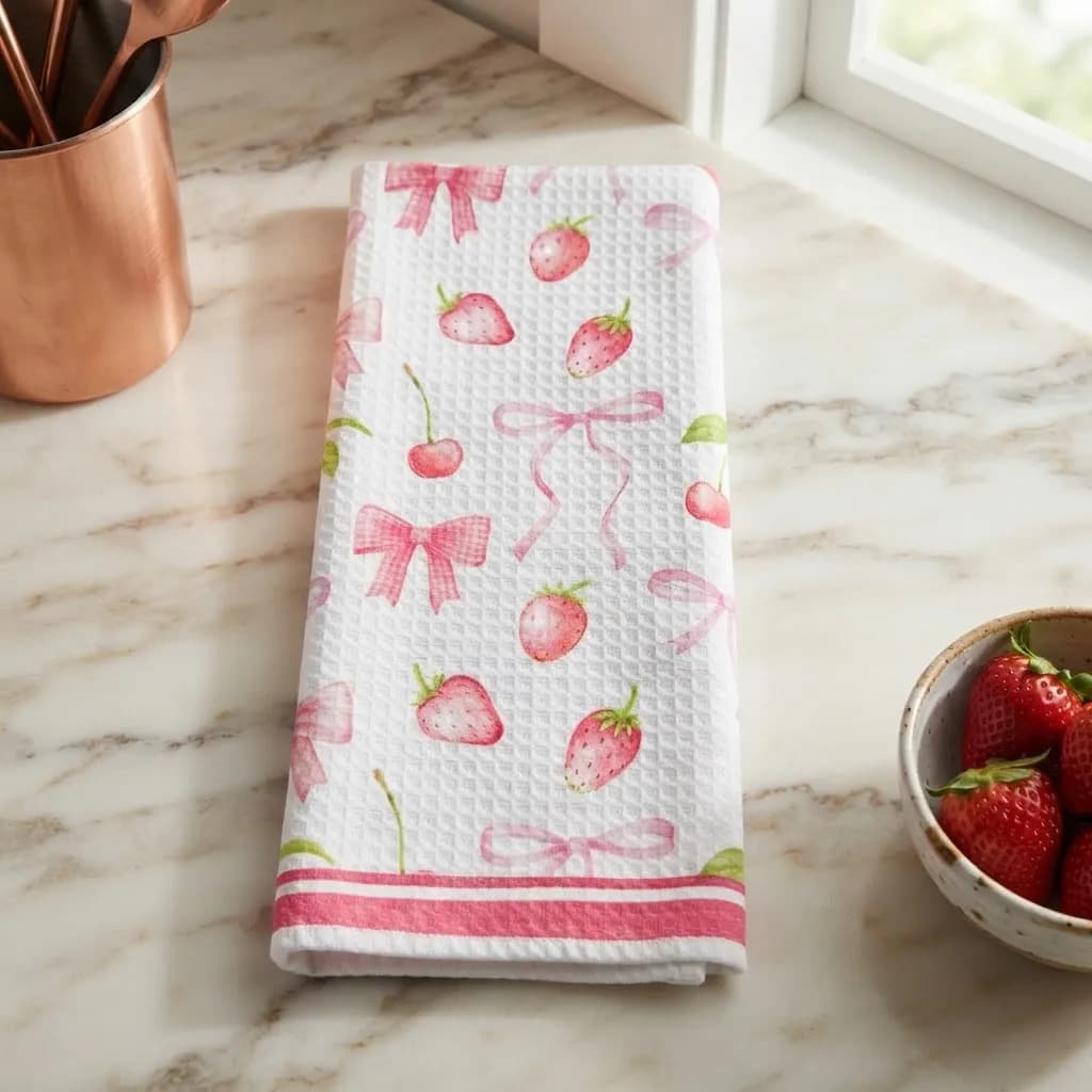 Pano De Cozinha Poliéste Importado - Várias Estampas Rosa Morangos E Laços - 3