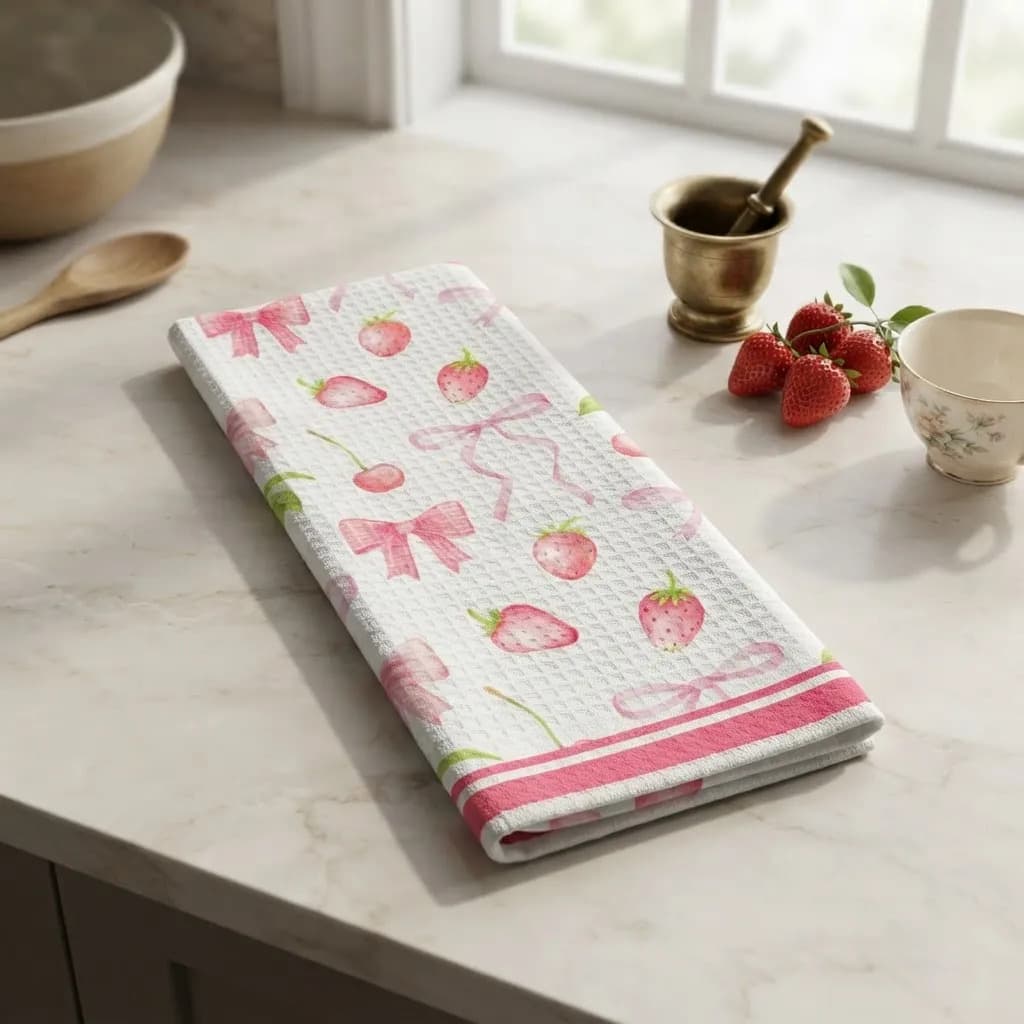 Pano De Cozinha Poliéste Importado - Várias Estampas Rosa Morangos E Laços - 4
