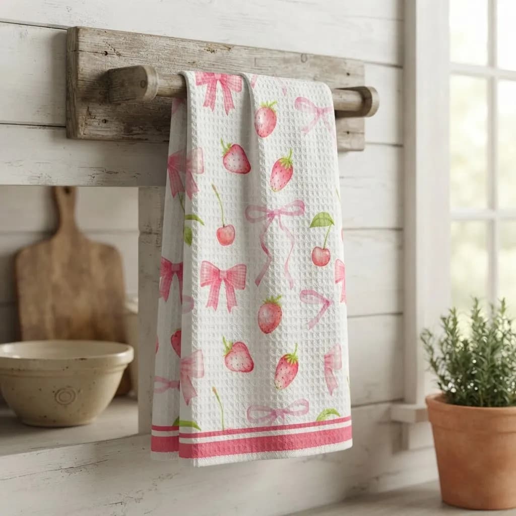 Pano De Cozinha Poliéste Importado - Várias Estampas Rosa Morangos E Laços - 5