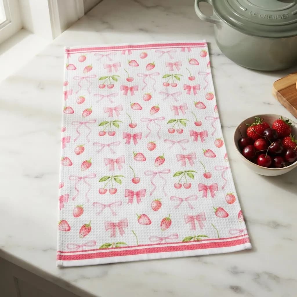 Pano De Cozinha Poliéste Importado - Várias Estampas Rosa Morangos E Laços - 6