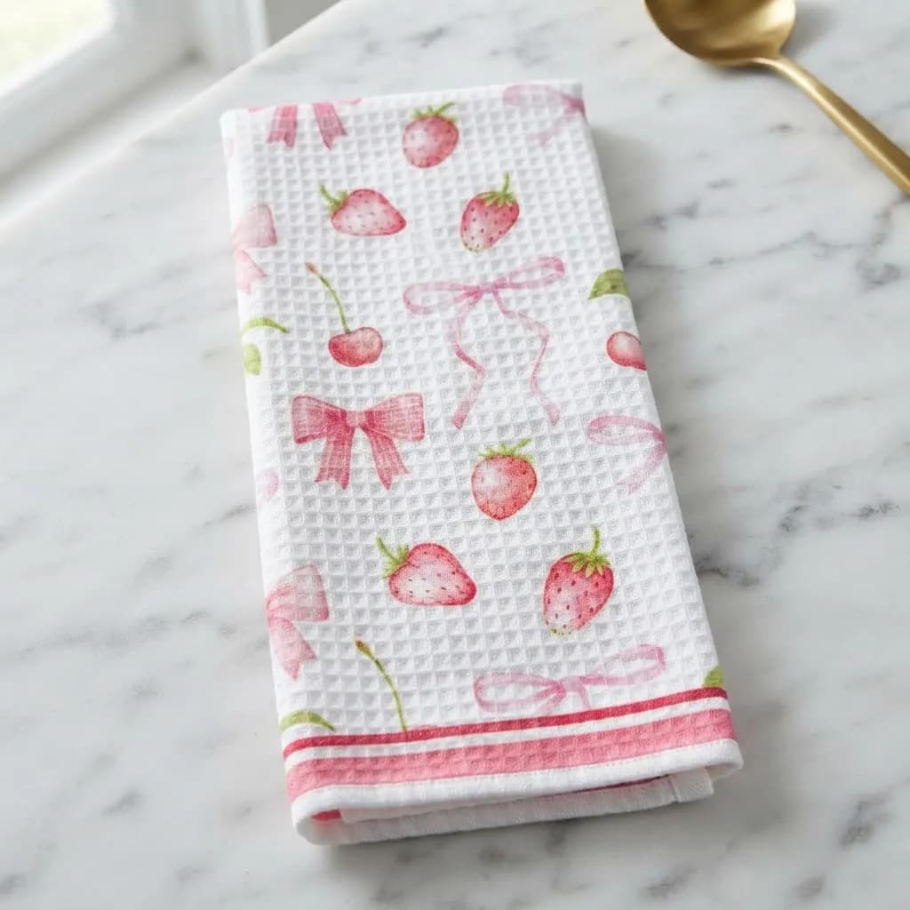 Pano De Cozinha Poliéste Importado - Várias Estampas Rosa Morangos E Laços - 7