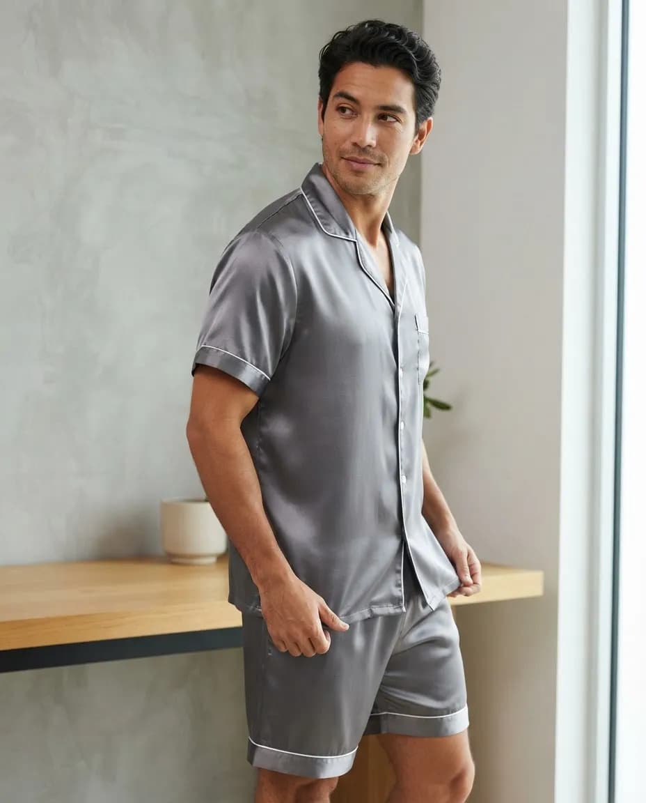 Pijama Masculino De Cetim Curto Xl Cinza-escuro Liso Xl - 2