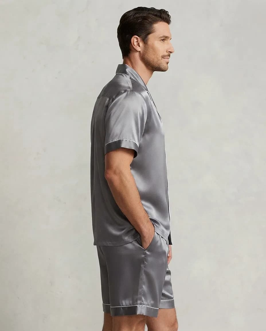 Pijama Masculino De Cetim Curto Xl Cinza-escuro Liso Xl - 4